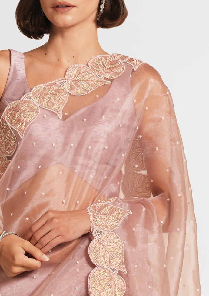Twamev Women Dusty Pink Organza Festive Saree