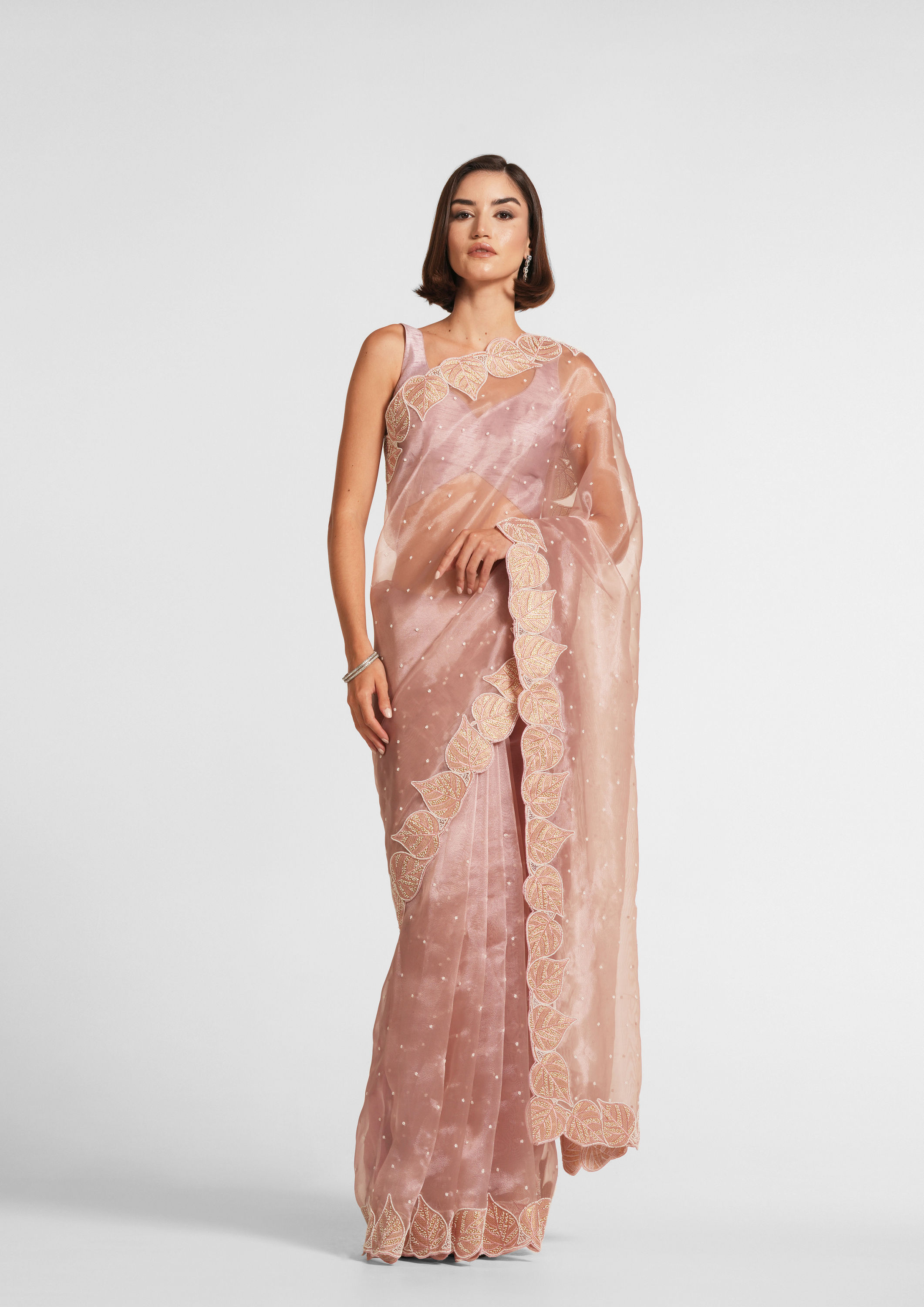 Twamev Women Dusty Pink Organza Festive Saree