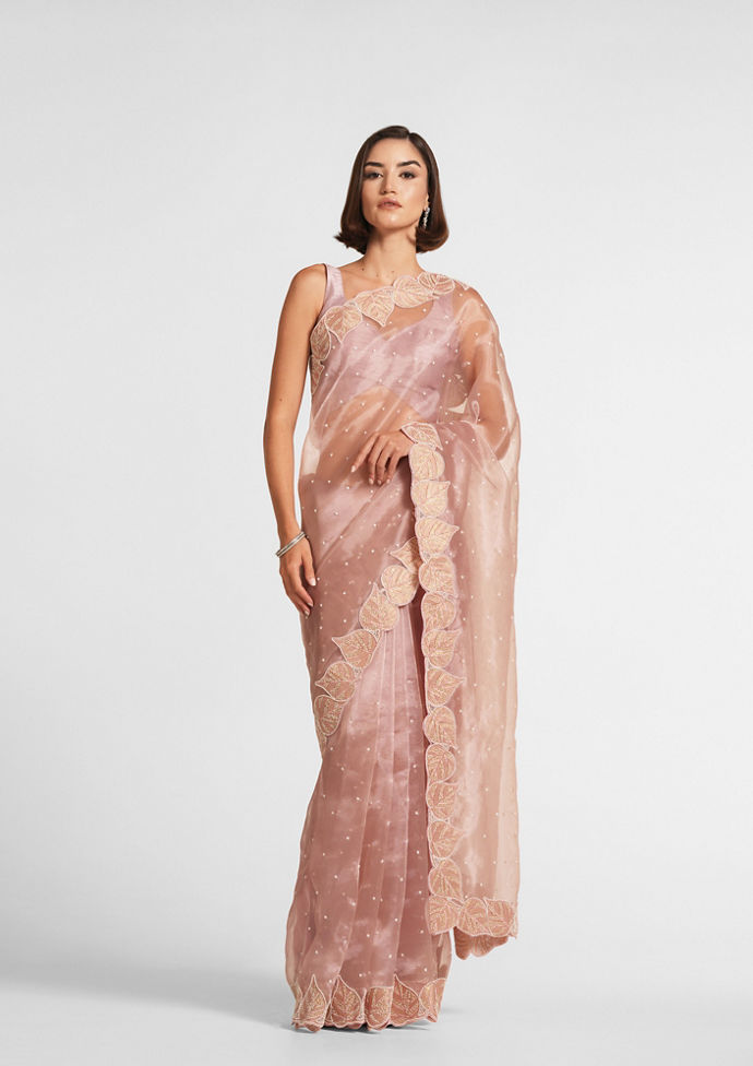 Twamev Women Dusty Pink Organza Festive Saree