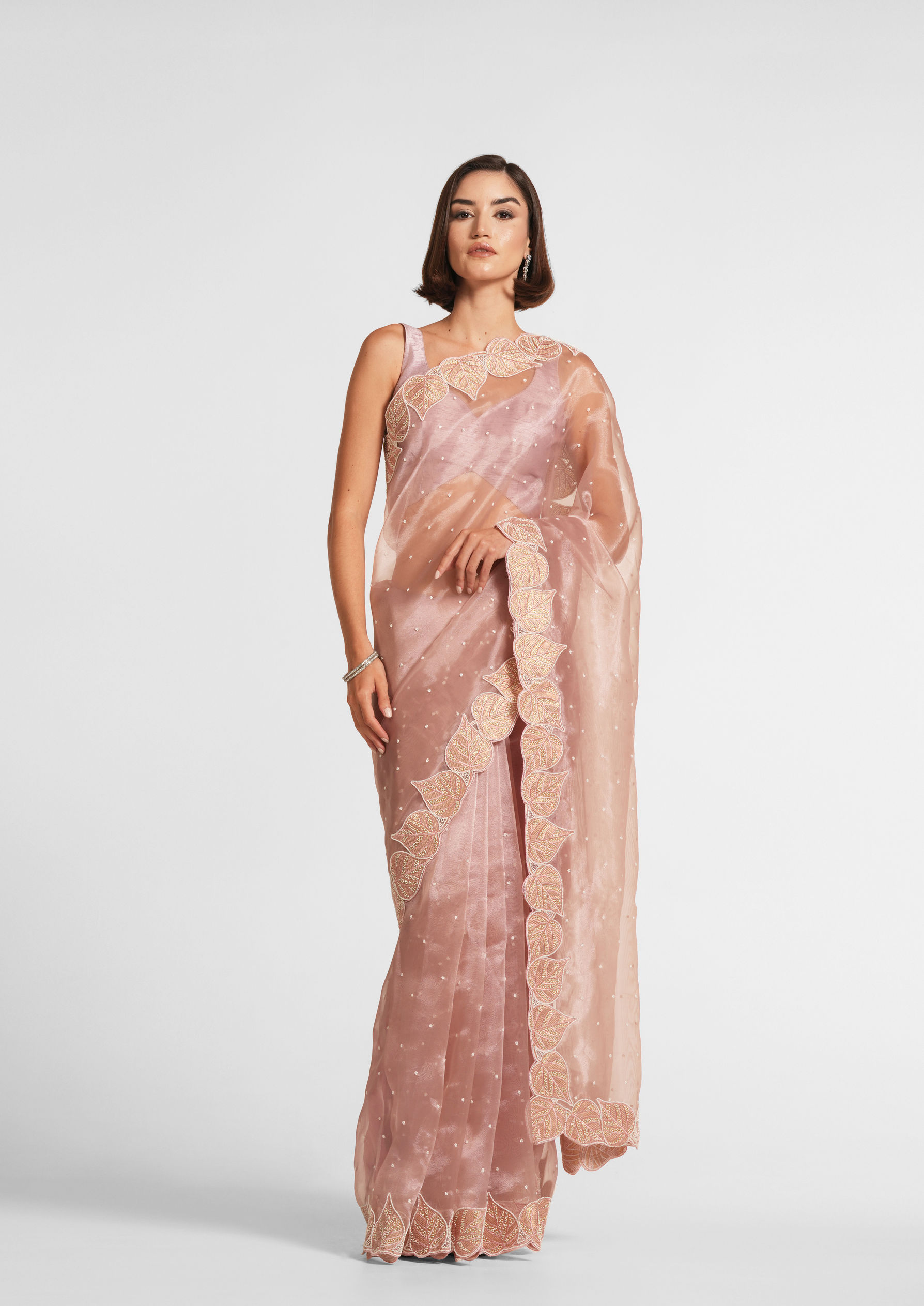 Twamev Women Dusty Pink Organza Festive Saree