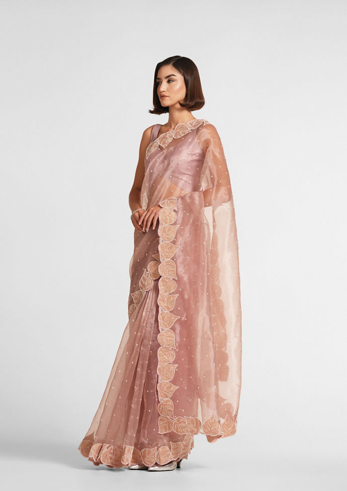 Twamev Women Dusty Pink Organza Festive Saree