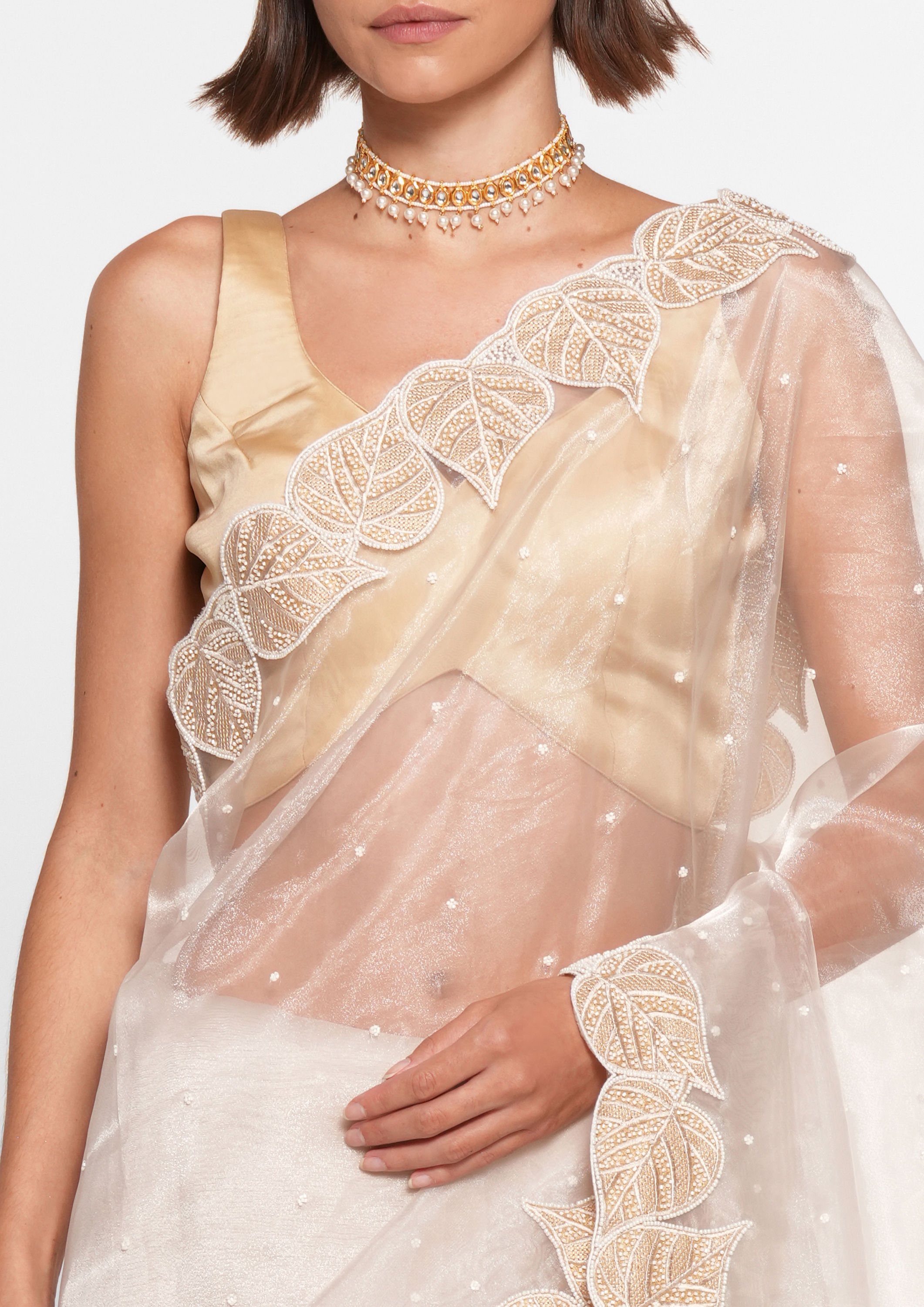 Twamev Women Creamy Elegance Organza Saree