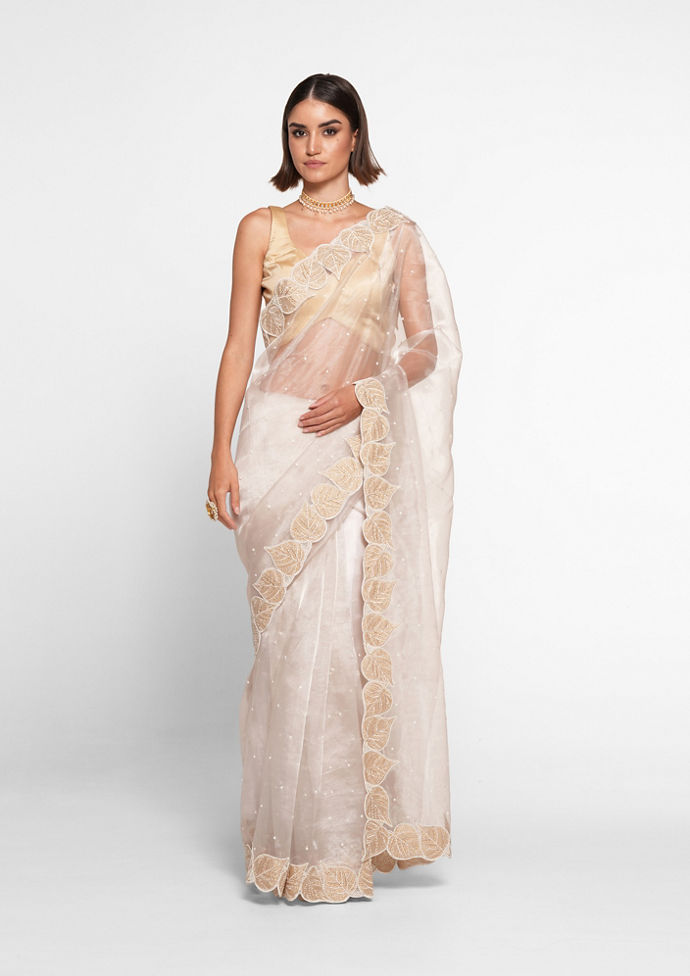 Twamev Women Creamy Elegance Organza Saree