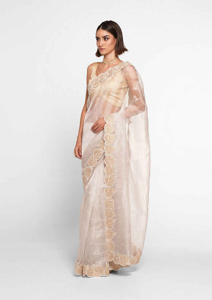 Twamev Women Creamy Elegance Organza Saree