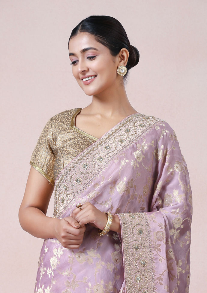 Twamev Women Lustrous Light Purple Satin Saree