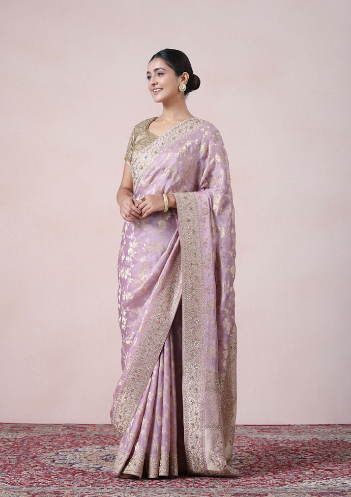 Twamev Women Lustrous Light Purple Satin Saree
