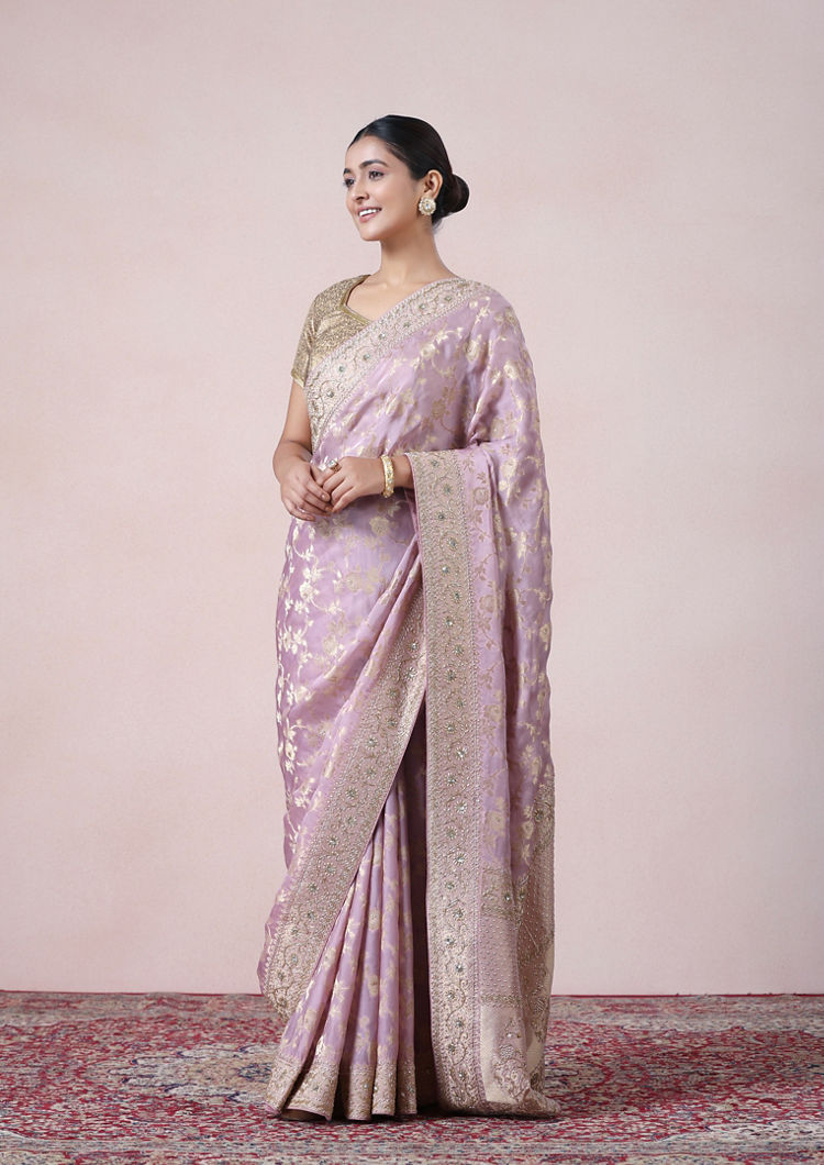 Twamev Women Lustrous Light Purple Satin Saree