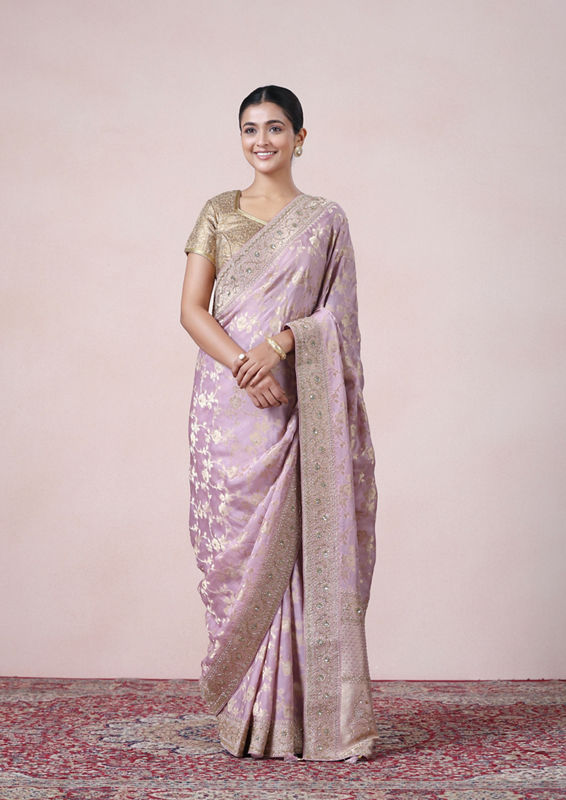 Twamev Women Lustrous Light Purple Satin Saree