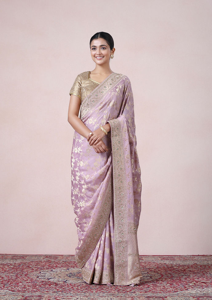 Twamev Women Lustrous Light Purple Satin Saree