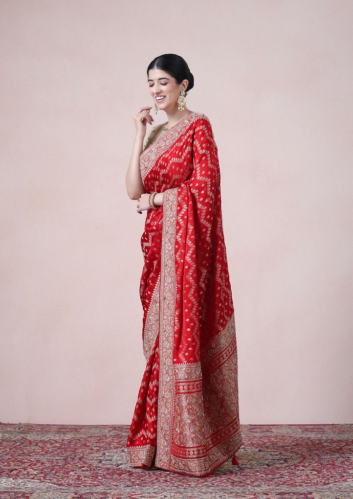 Twamev Women Regal Red Satin Saree