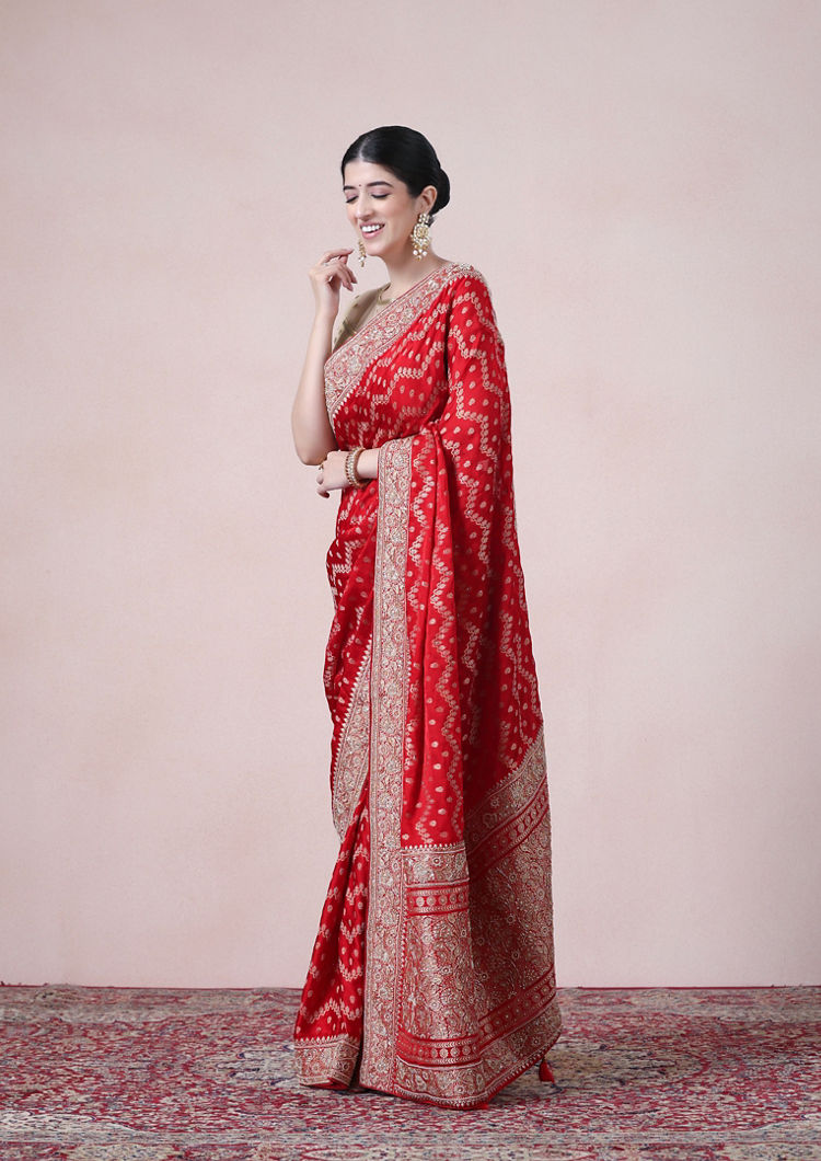 Twamev Women Regal Red Satin Saree