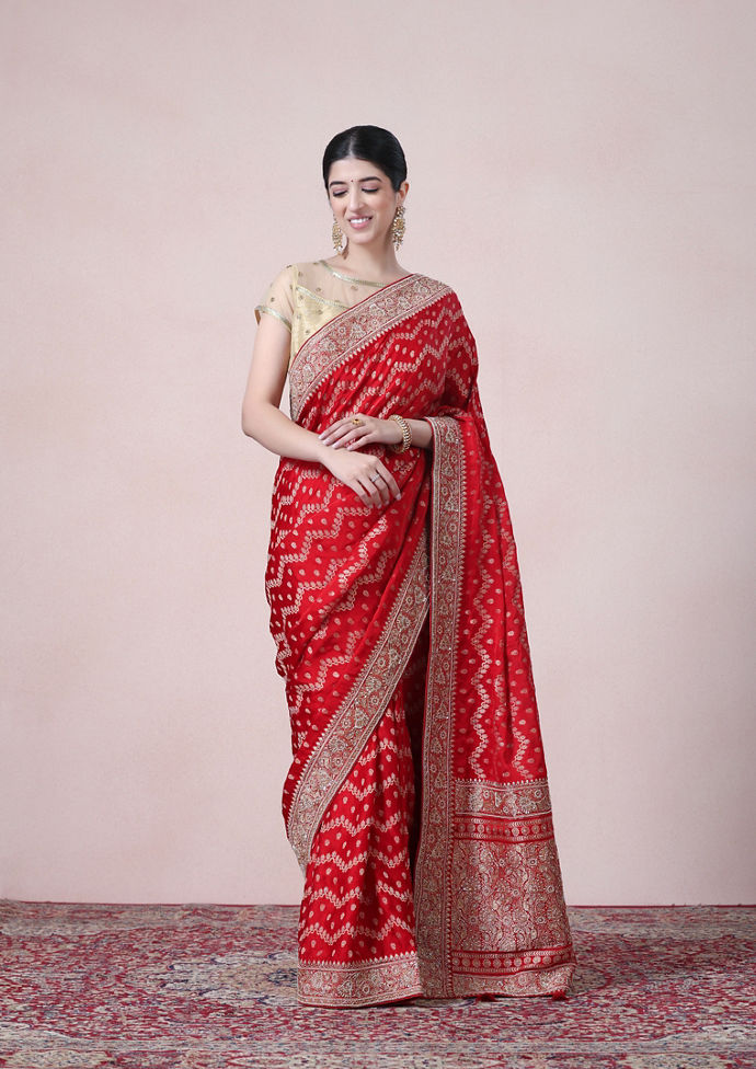 Twamev Women Regal Red Satin Saree