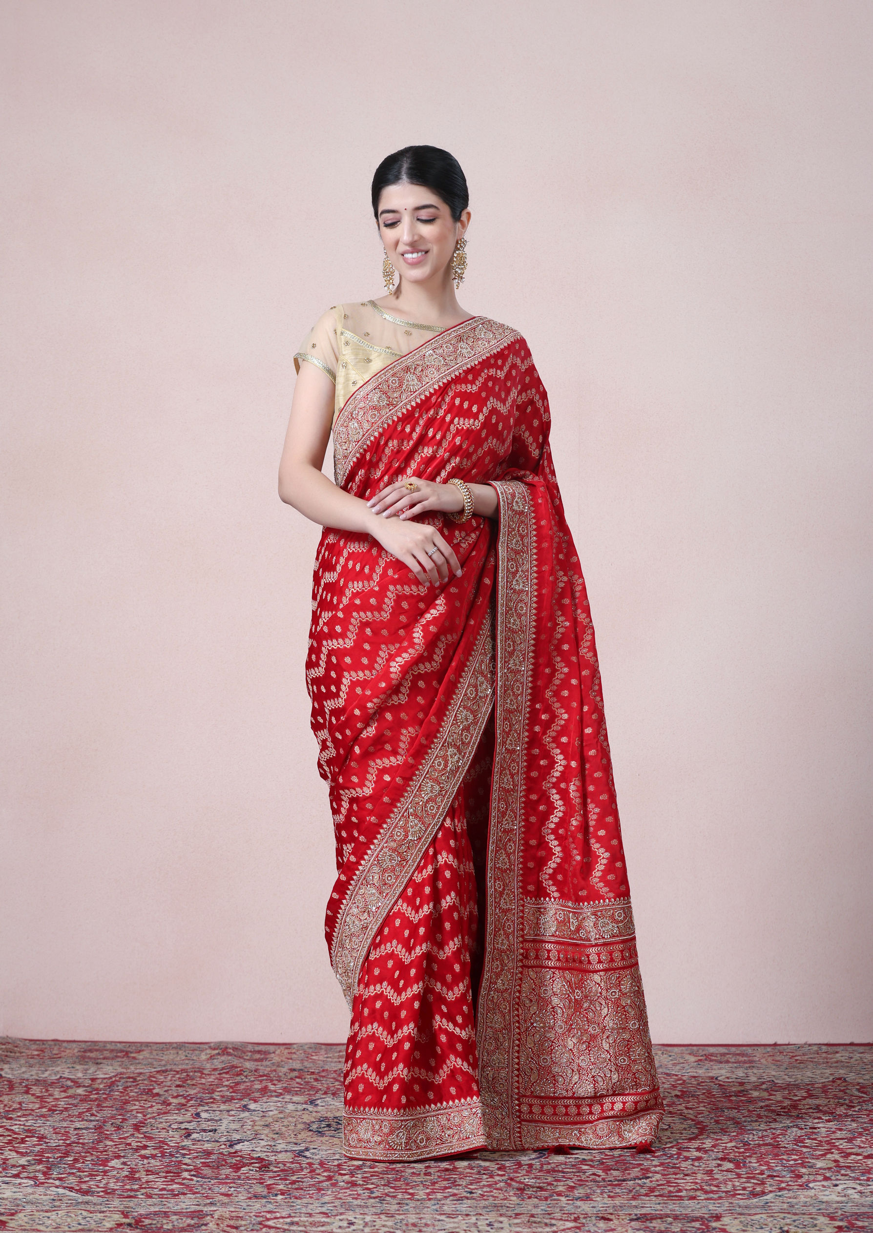 Twamev Women Regal Red Satin Saree