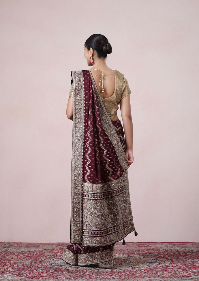 Twamev Women Deep Wine Royal Satin Saree
