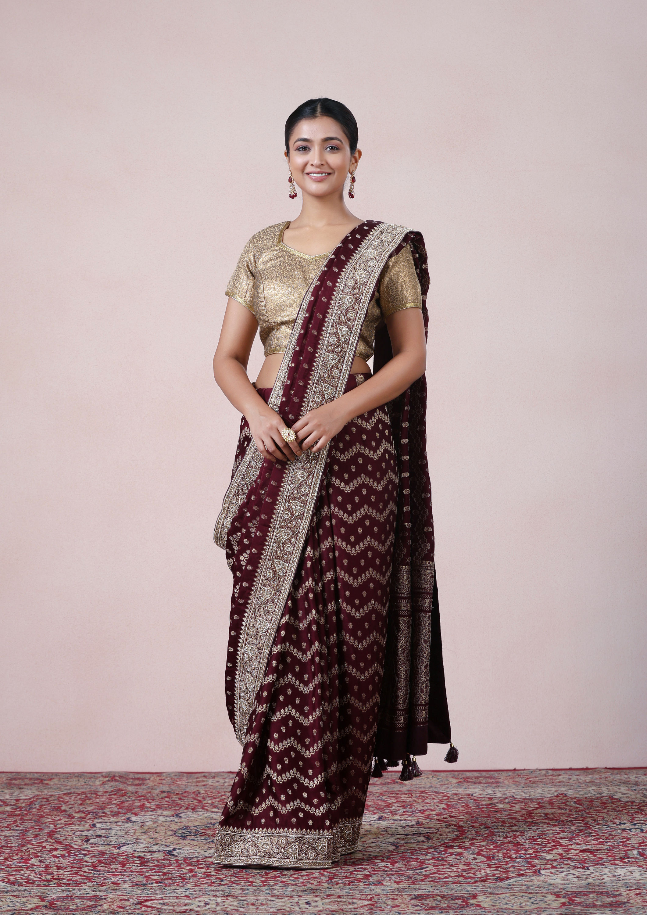 Twamev Women Deep Wine Royal Satin Saree