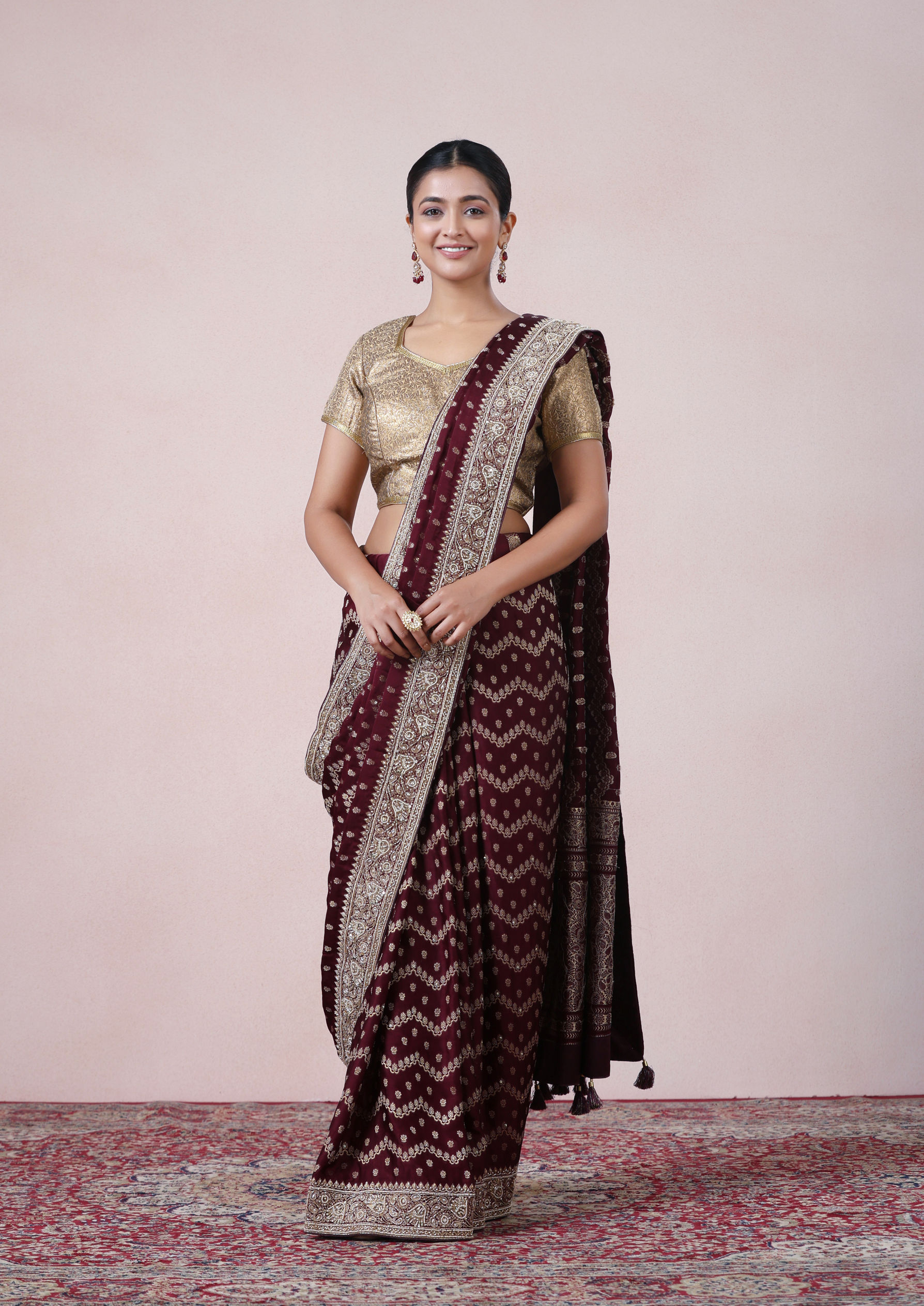 Twamev Women Deep Wine Royal Satin Saree