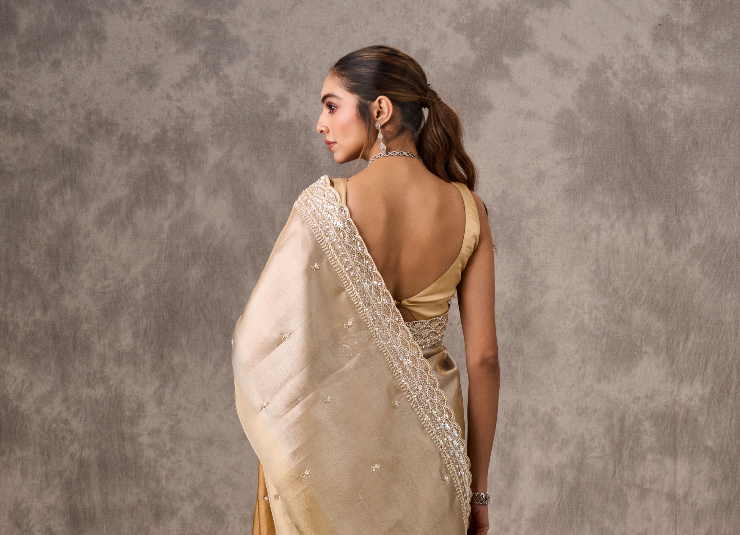 Twamev Women Twinkling Gold Organza Wedding Saree