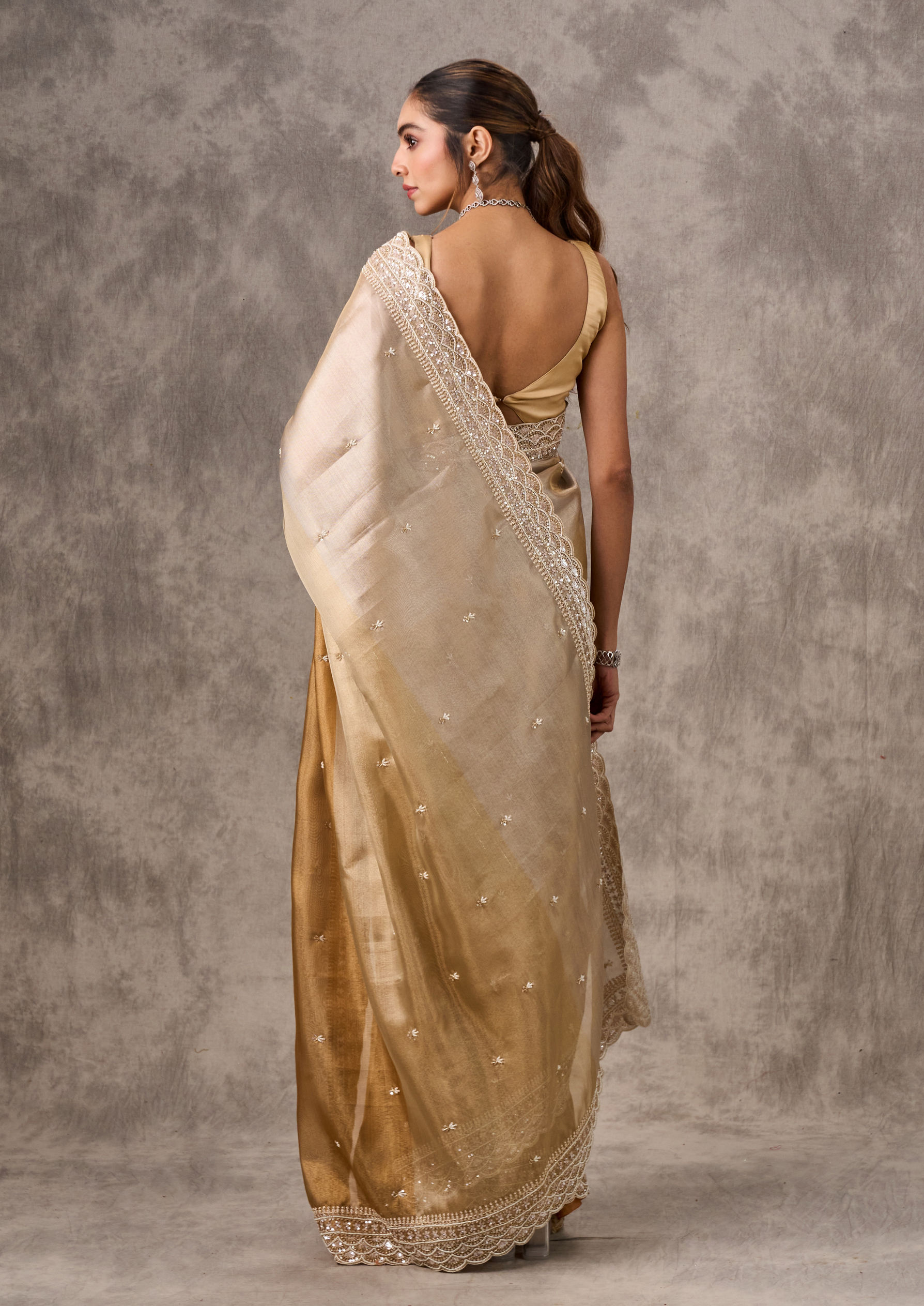 Twamev Women Twinkling Gold Organza Wedding Saree