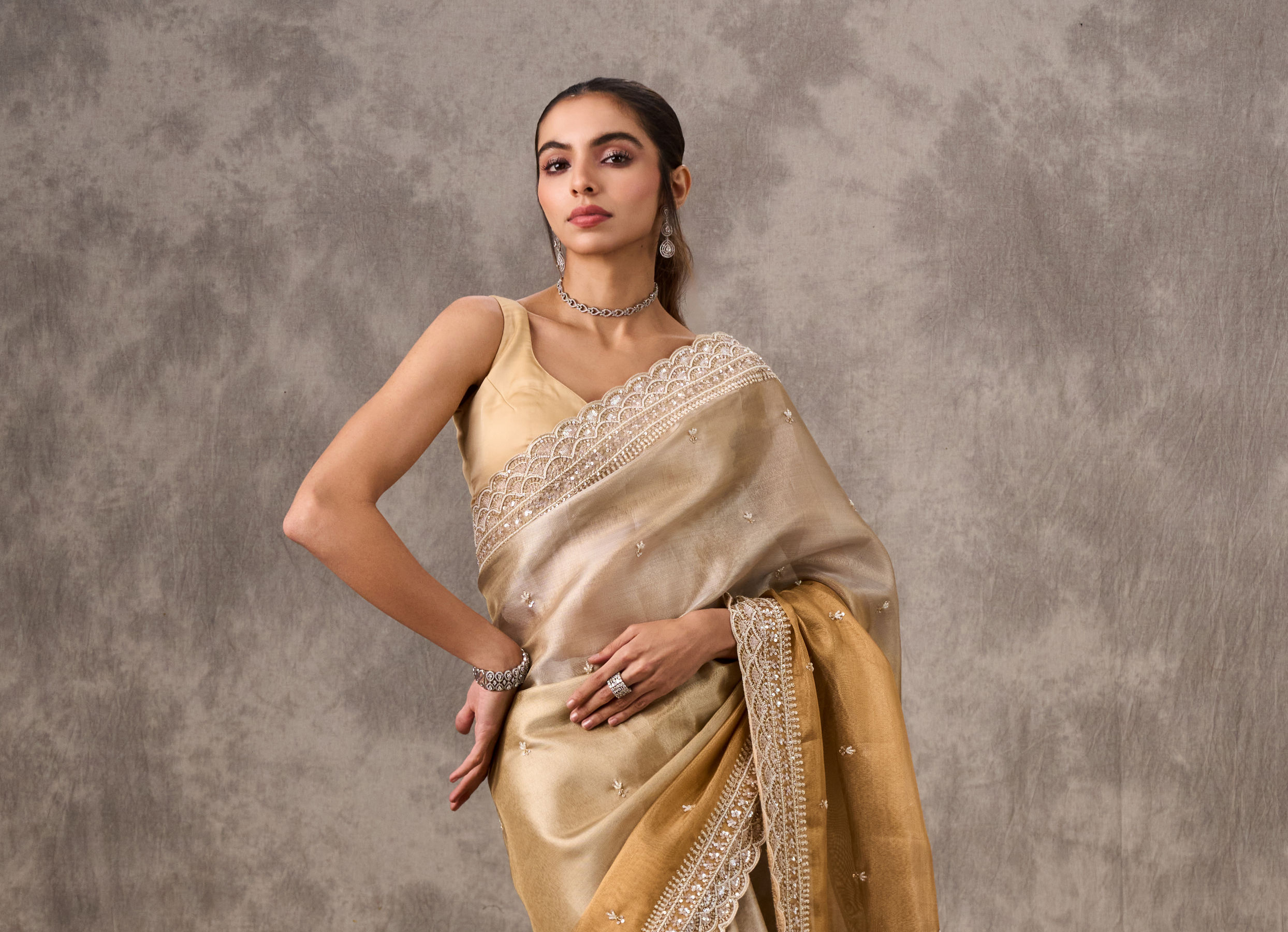 Twamev Women Twinkling Gold Organza Wedding Saree