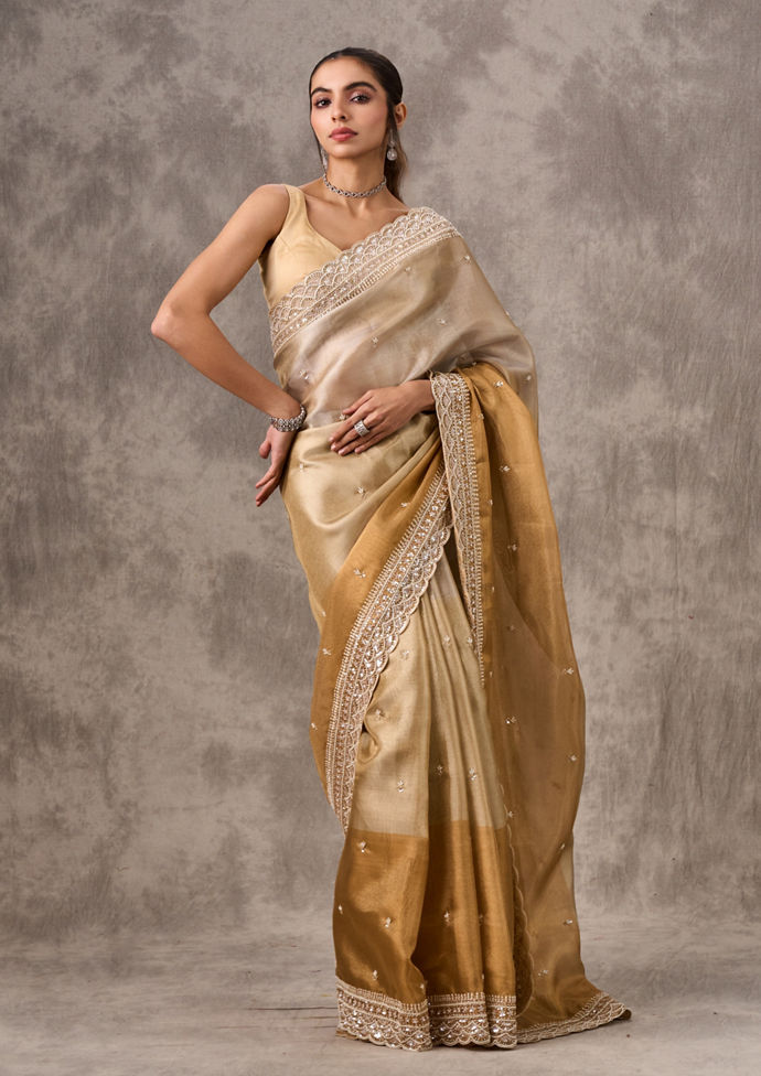 Twamev Women Twinkling Gold Organza Wedding Saree