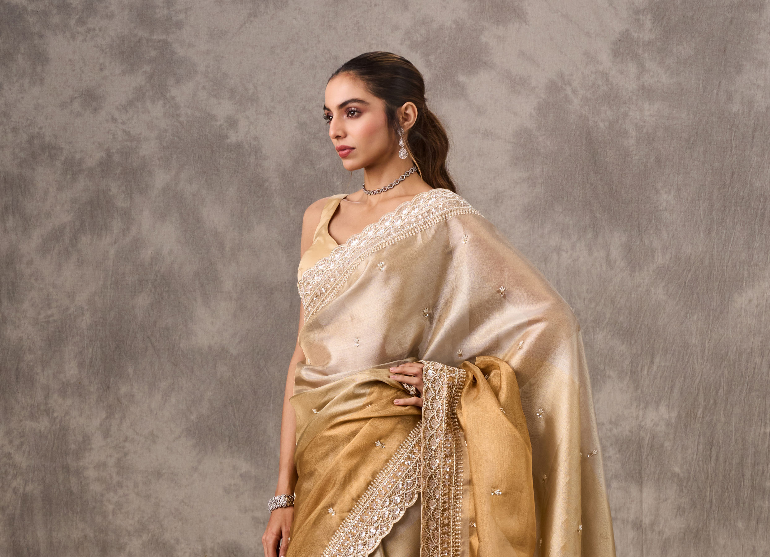 Twamev Women Twinkling Gold Organza Wedding Saree