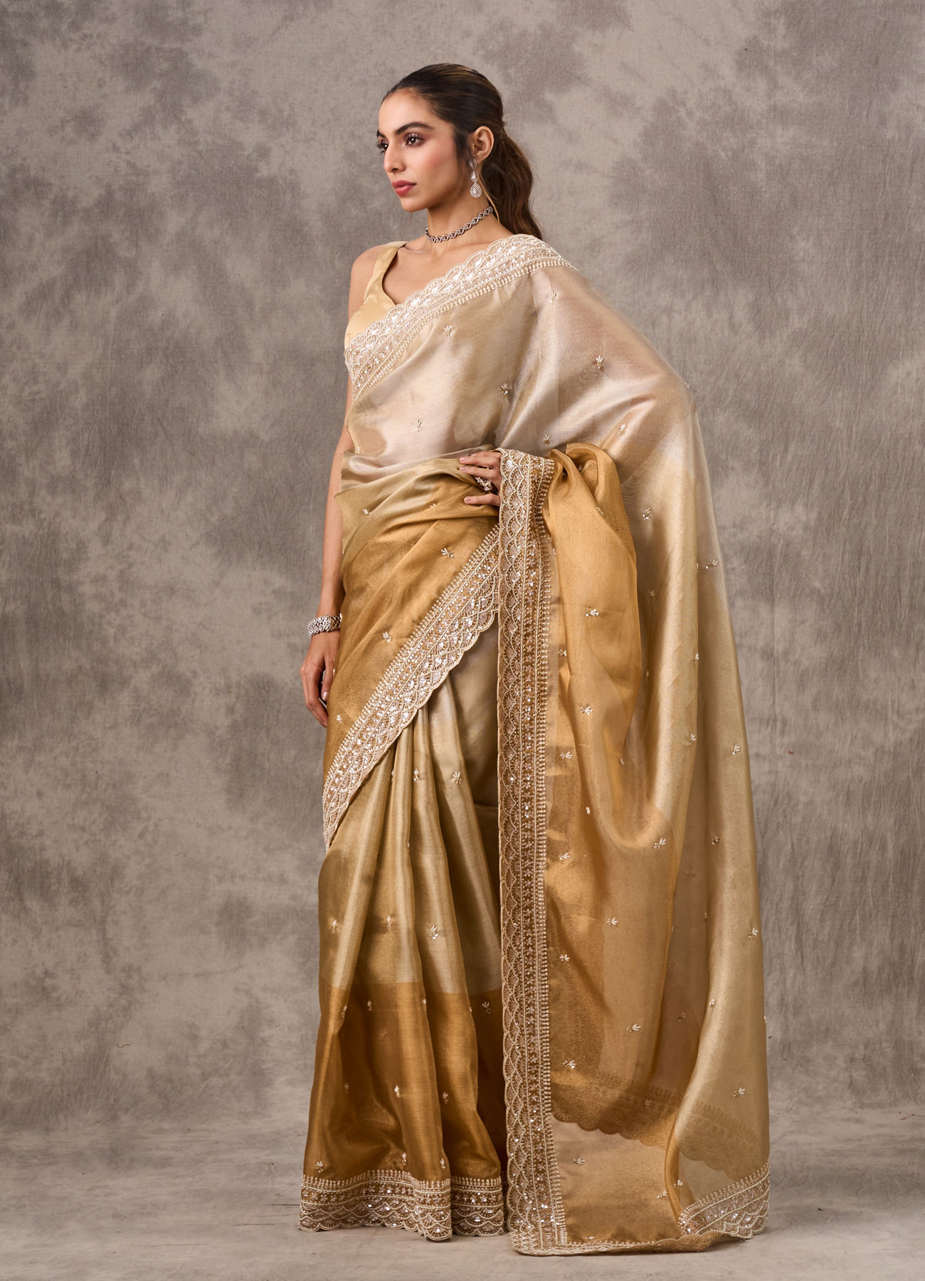 Twamev Women Twinkling Gold Organza Wedding Saree