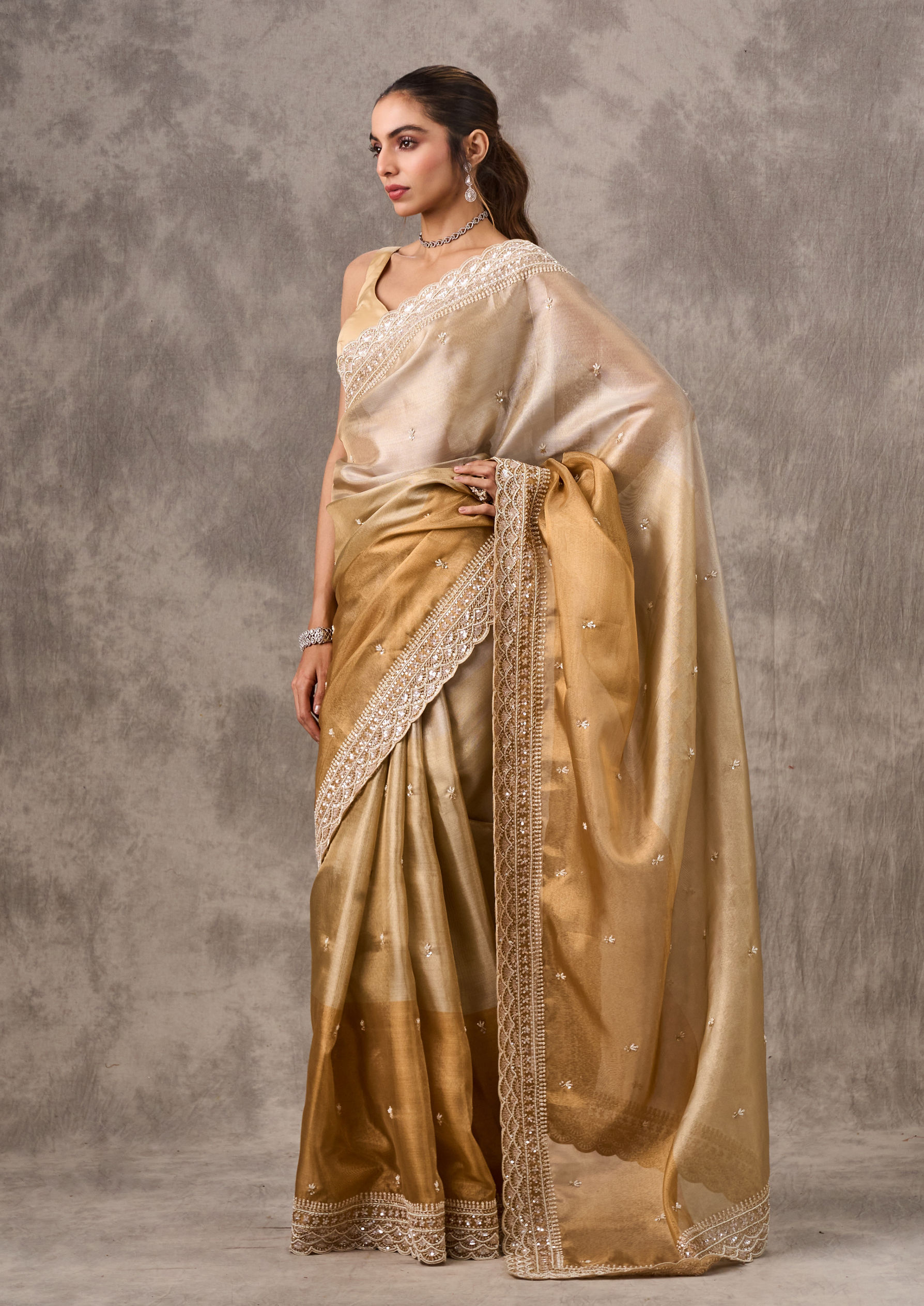 Twamev Women Twinkling Gold Organza Wedding Saree