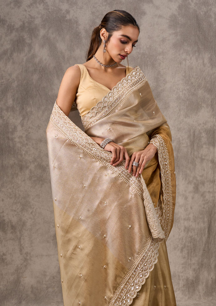 Twamev Women Twinkling Gold Organza Wedding Saree