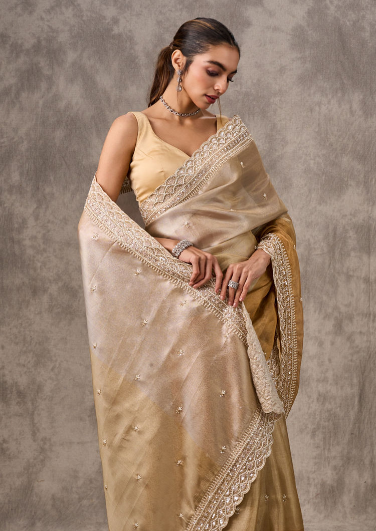 Twamev Women Twinkling Gold Organza Wedding Saree