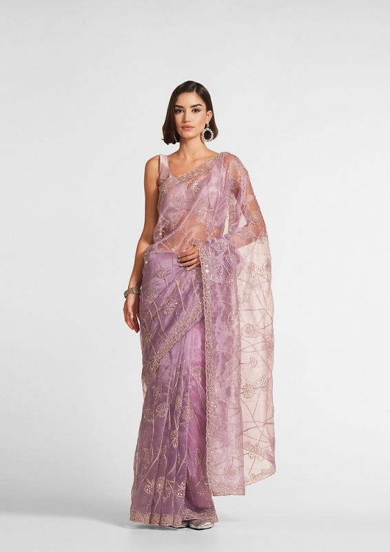 Twamev Women Regal Purple Organza Saree image number 0