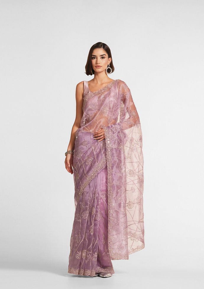 Twamev Women Regal Purple Organza Saree image number 0