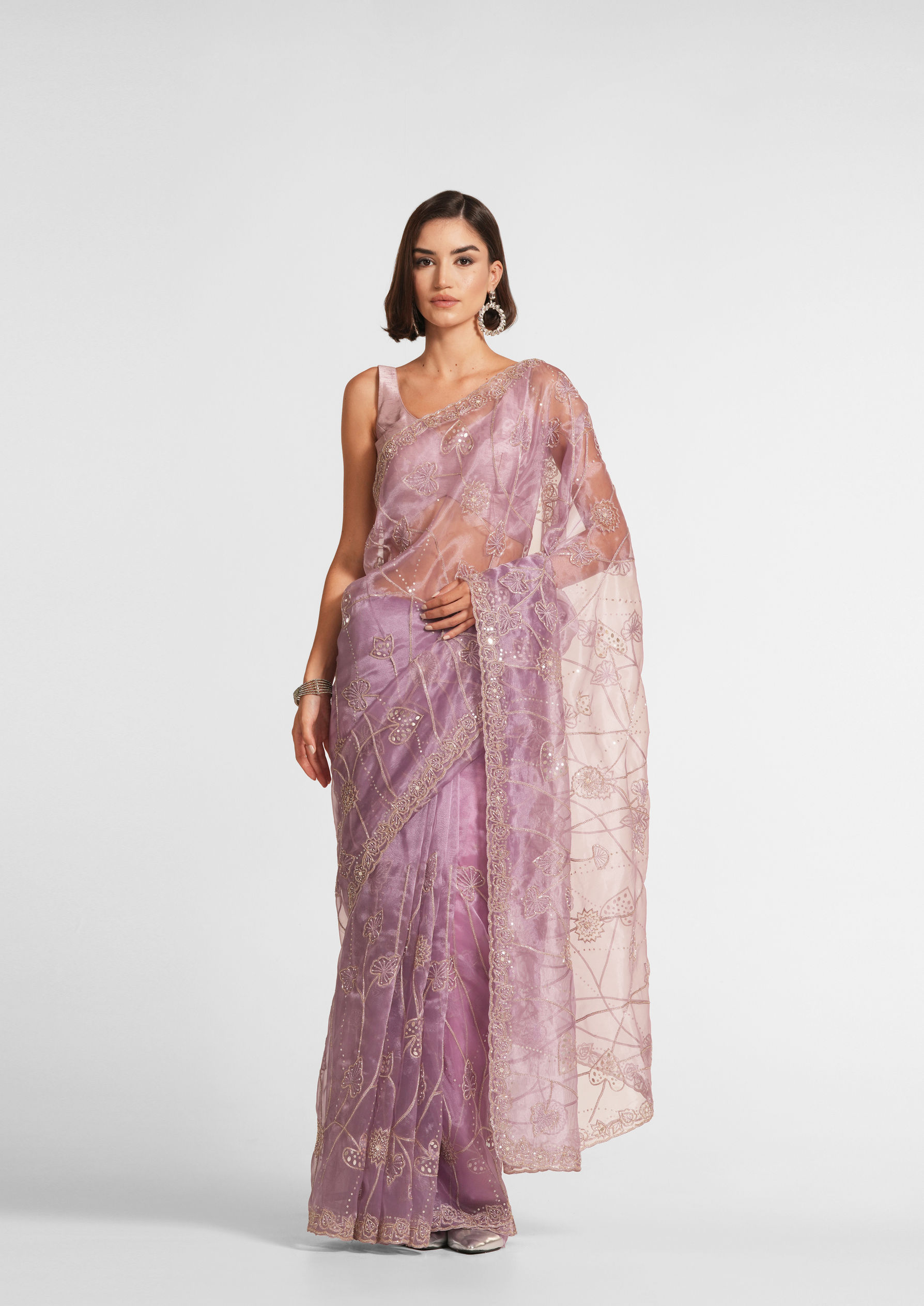 Twamev Women Regal Purple Organza Saree image number 0