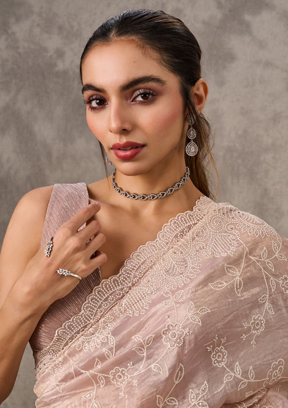 Twamev Women Enchanting Dusty Pink Organza Saree