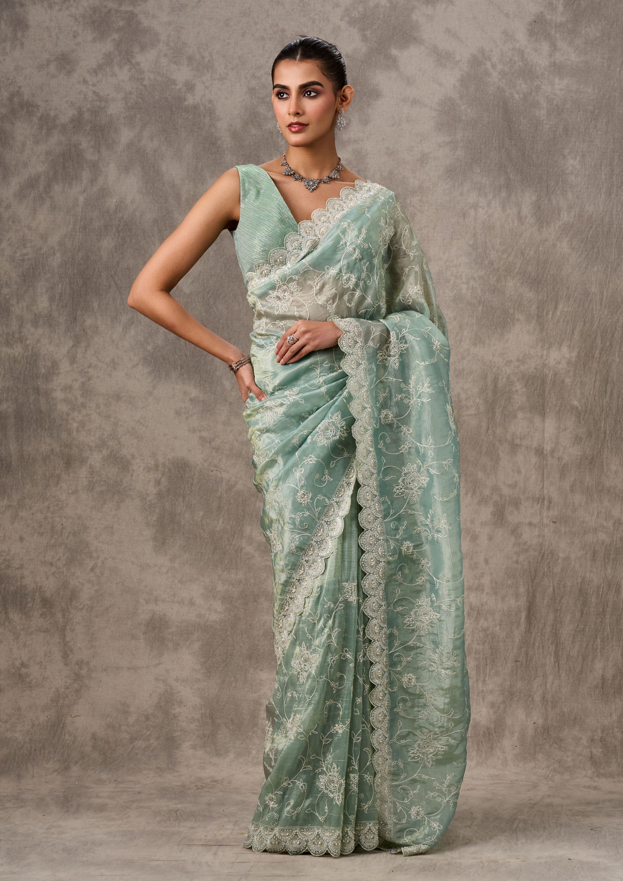 Twamev Women Serene Sea-Green Drape Saree