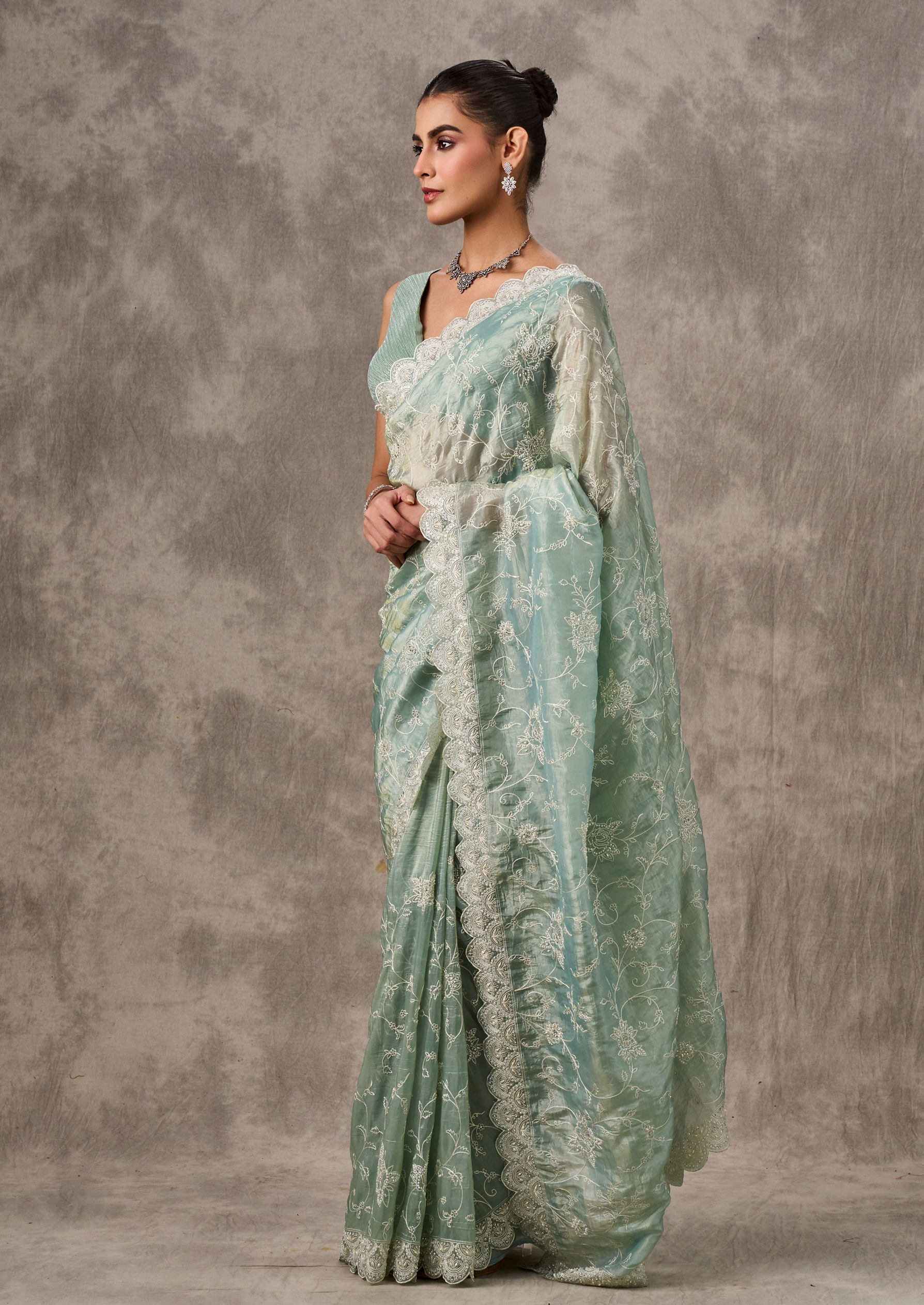 Twamev Women Serene Sea-Green Drape Saree
