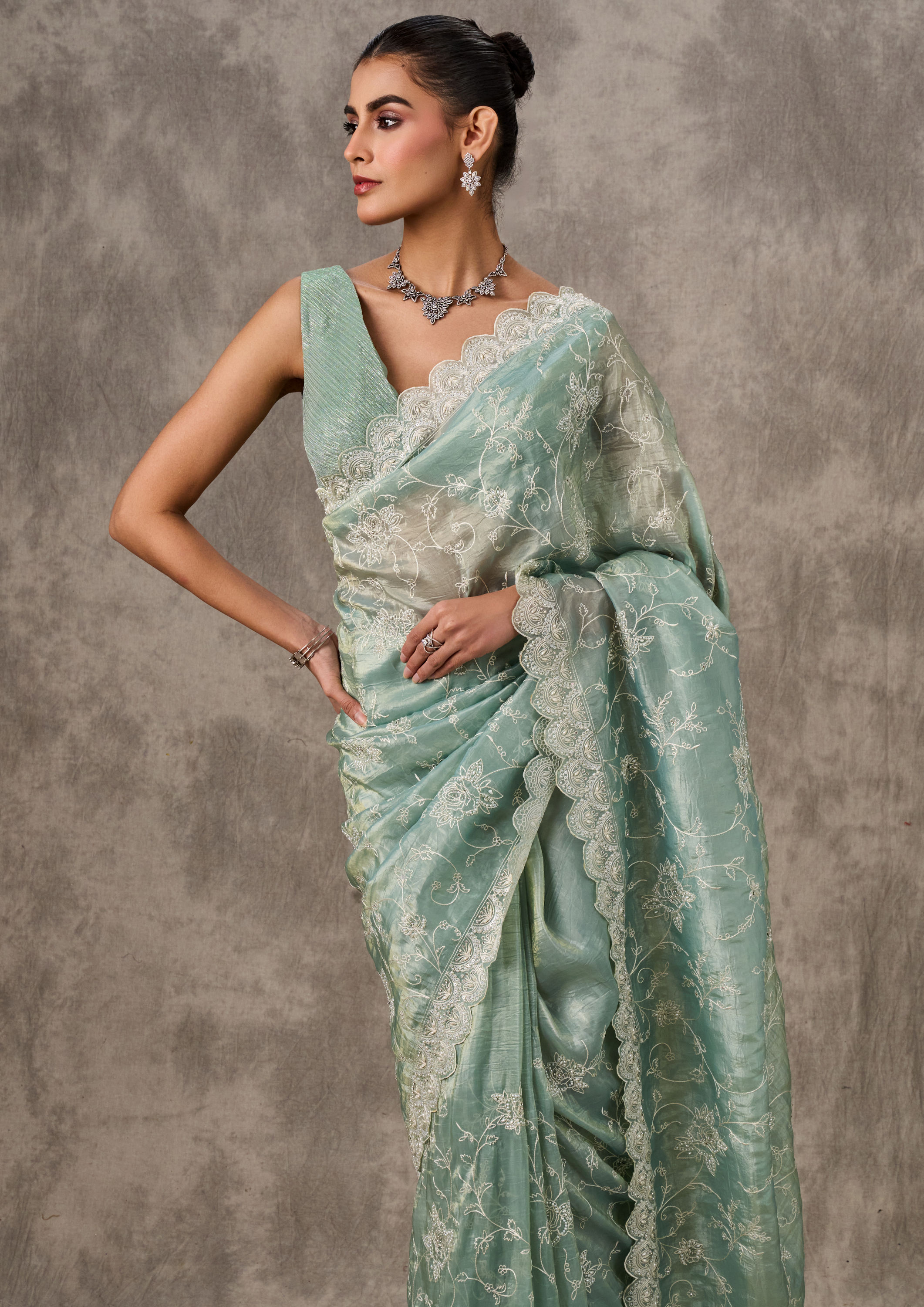 Twamev Women Serene Sea-Green Drape Saree