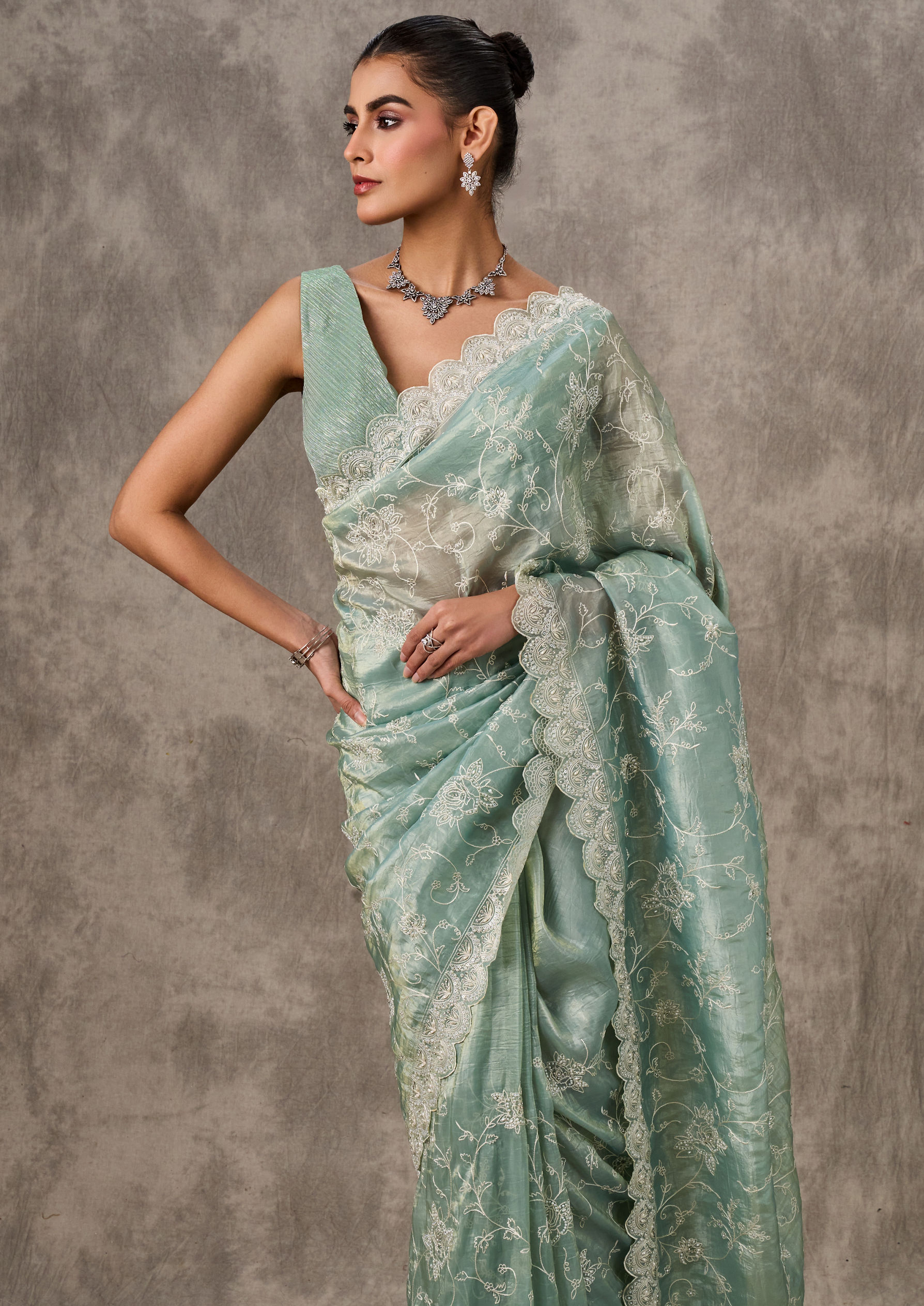 Twamev Women Serene Sea-Green Drape Saree