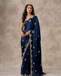 Twamev Women Indigo Blue Satin Elegance Saree