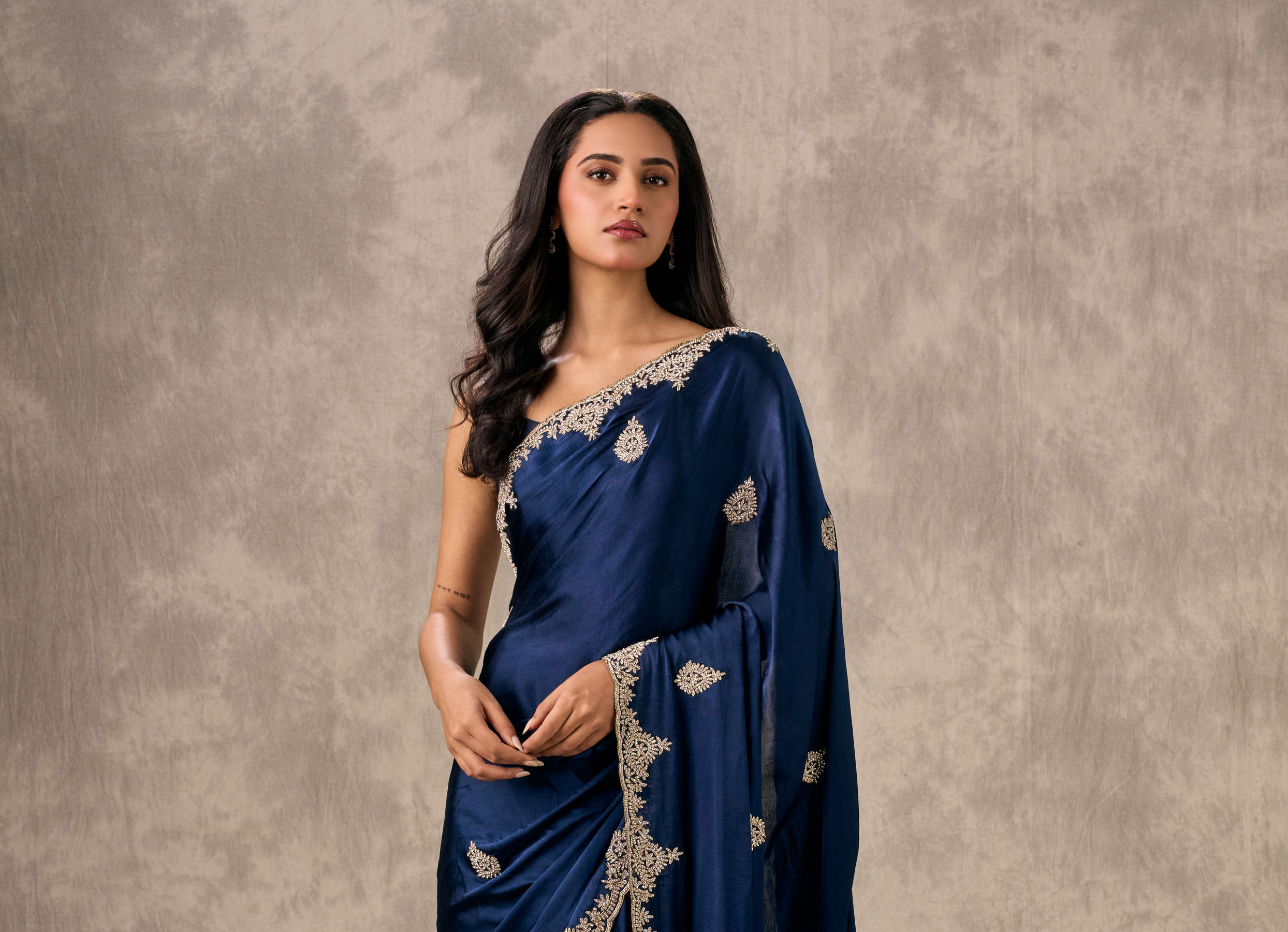 Twamev Women Indigo Blue Satin Elegance Saree