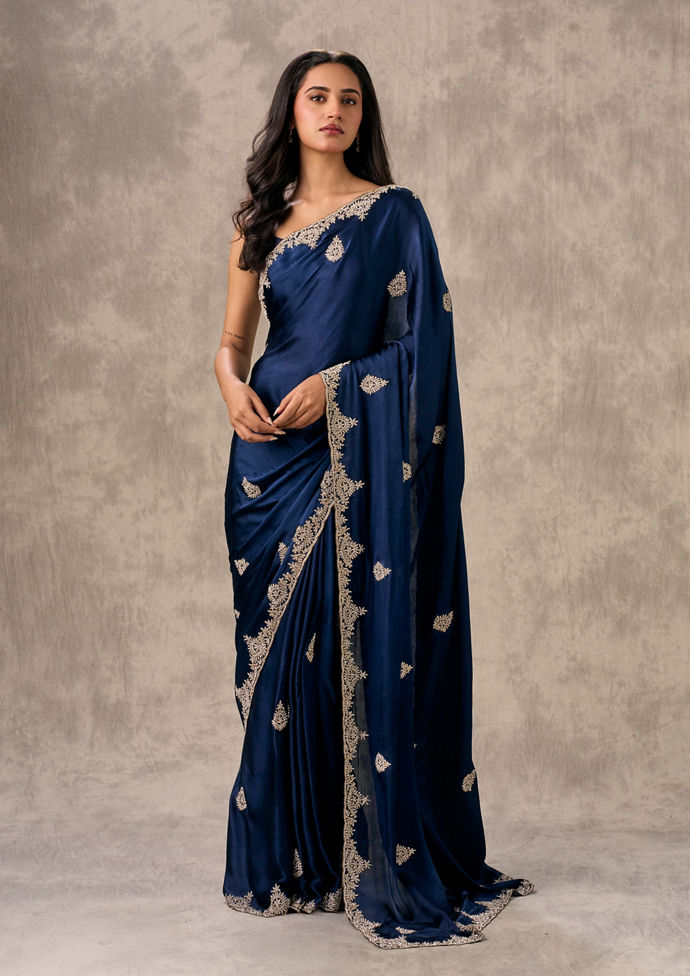 Twamev Women Indigo Blue Satin Elegance Saree