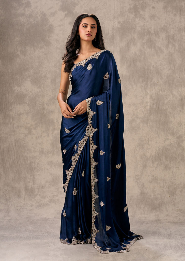Twamev Women Indigo Blue Satin Elegance Saree