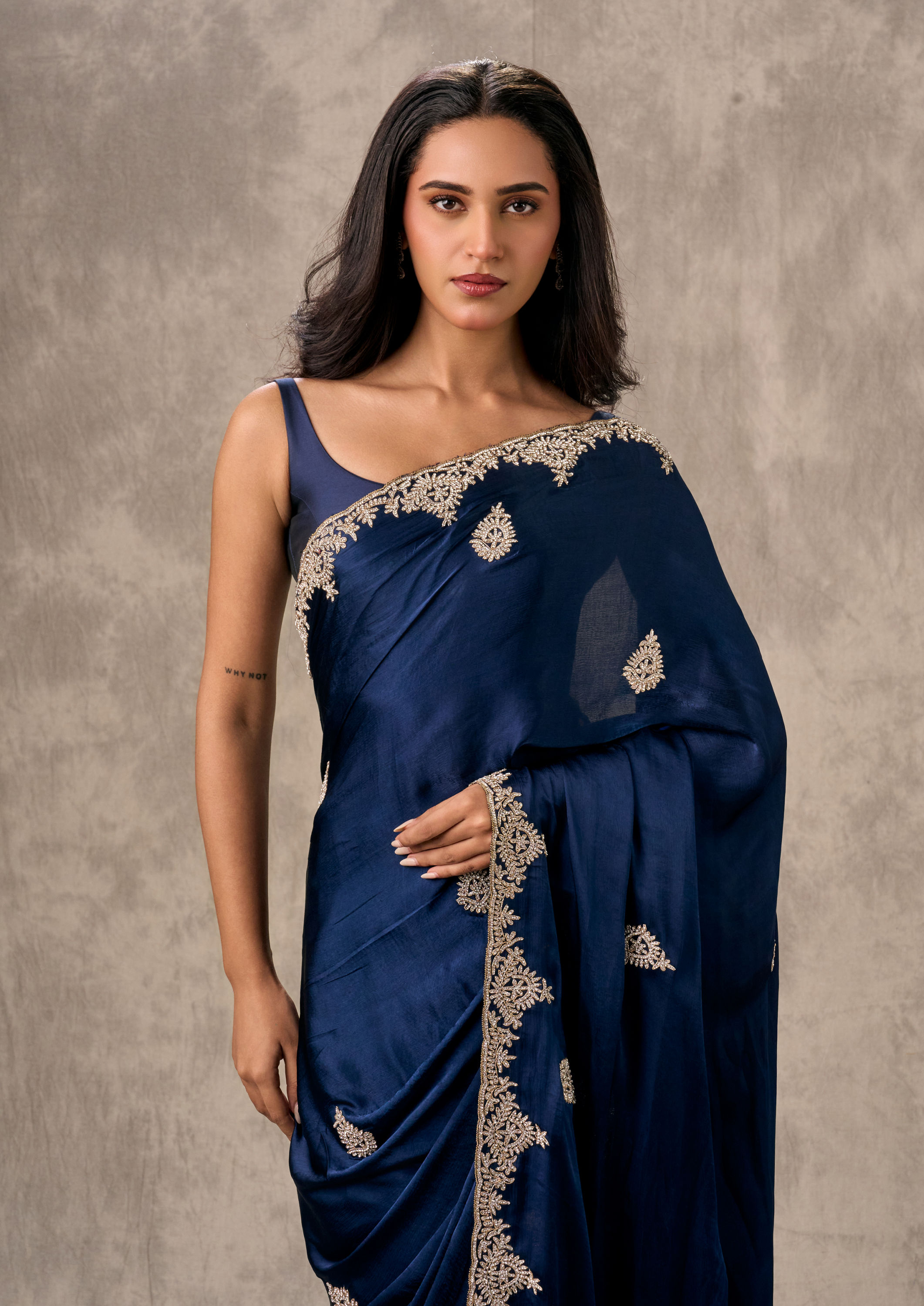 Twamev Women Indigo Blue Satin Elegance Saree
