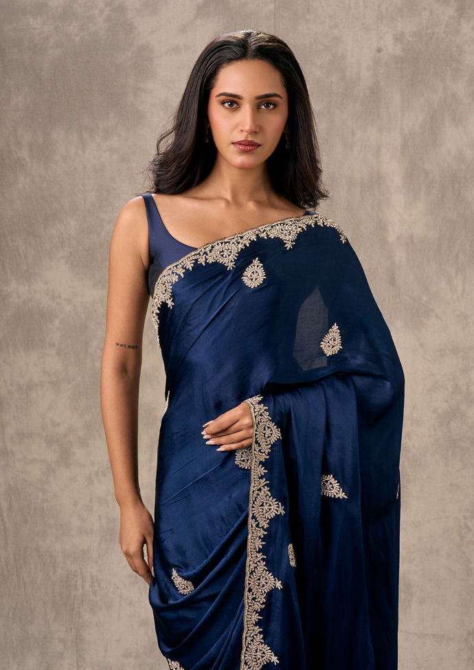 Twamev Women Indigo Blue Satin Elegance Saree
