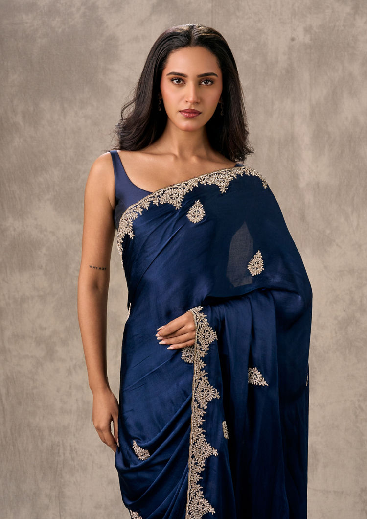 Twamev Women Indigo Blue Satin Elegance Saree