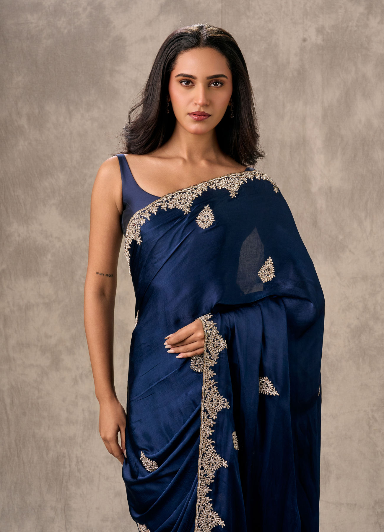 Twamev Women Indigo Blue Satin Elegance Saree