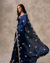 Twamev Women Indigo Blue Satin Elegance Saree