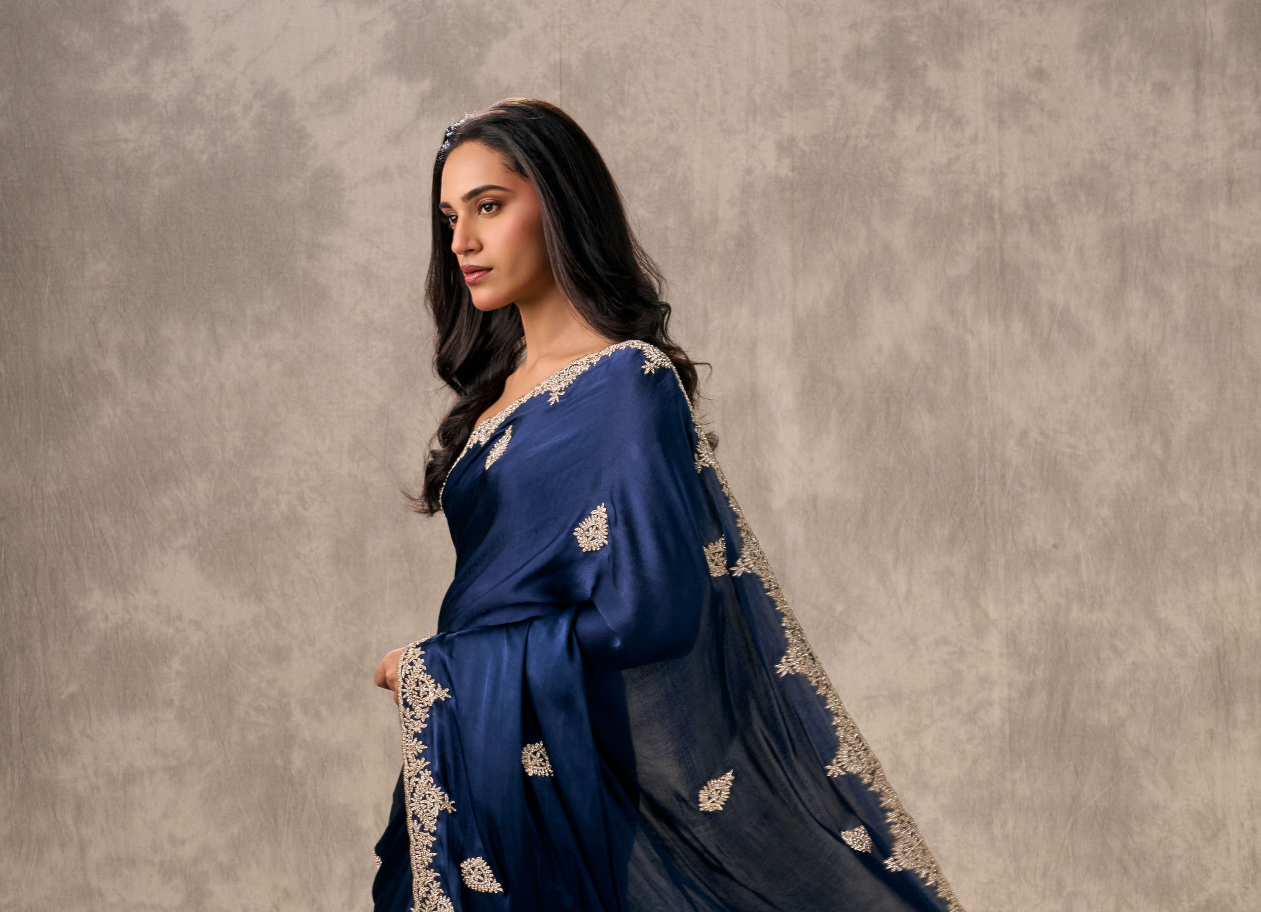 Twamev Women Indigo Blue Satin Elegance Saree