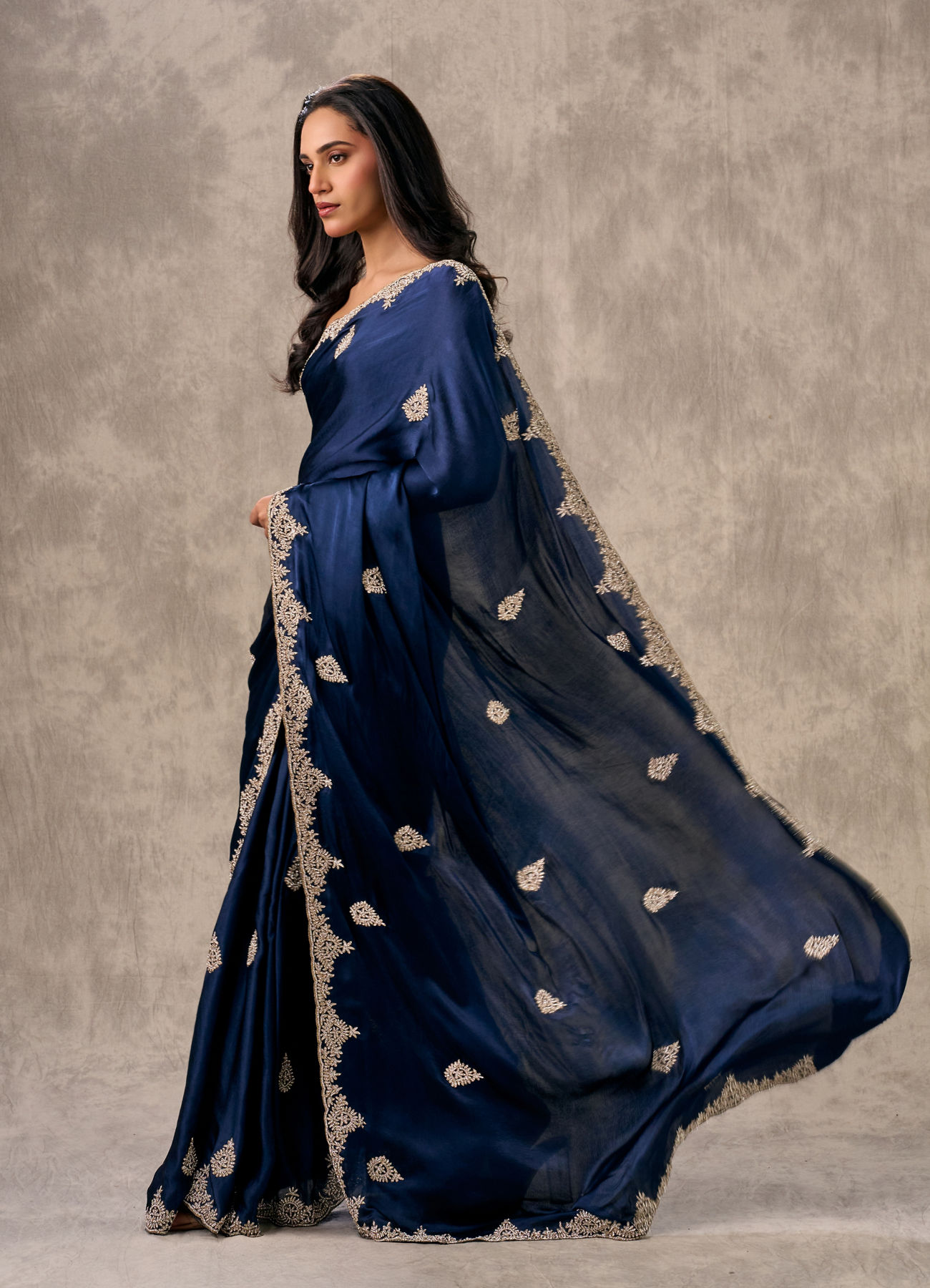 Twamev Women Indigo Blue Satin Elegance Saree