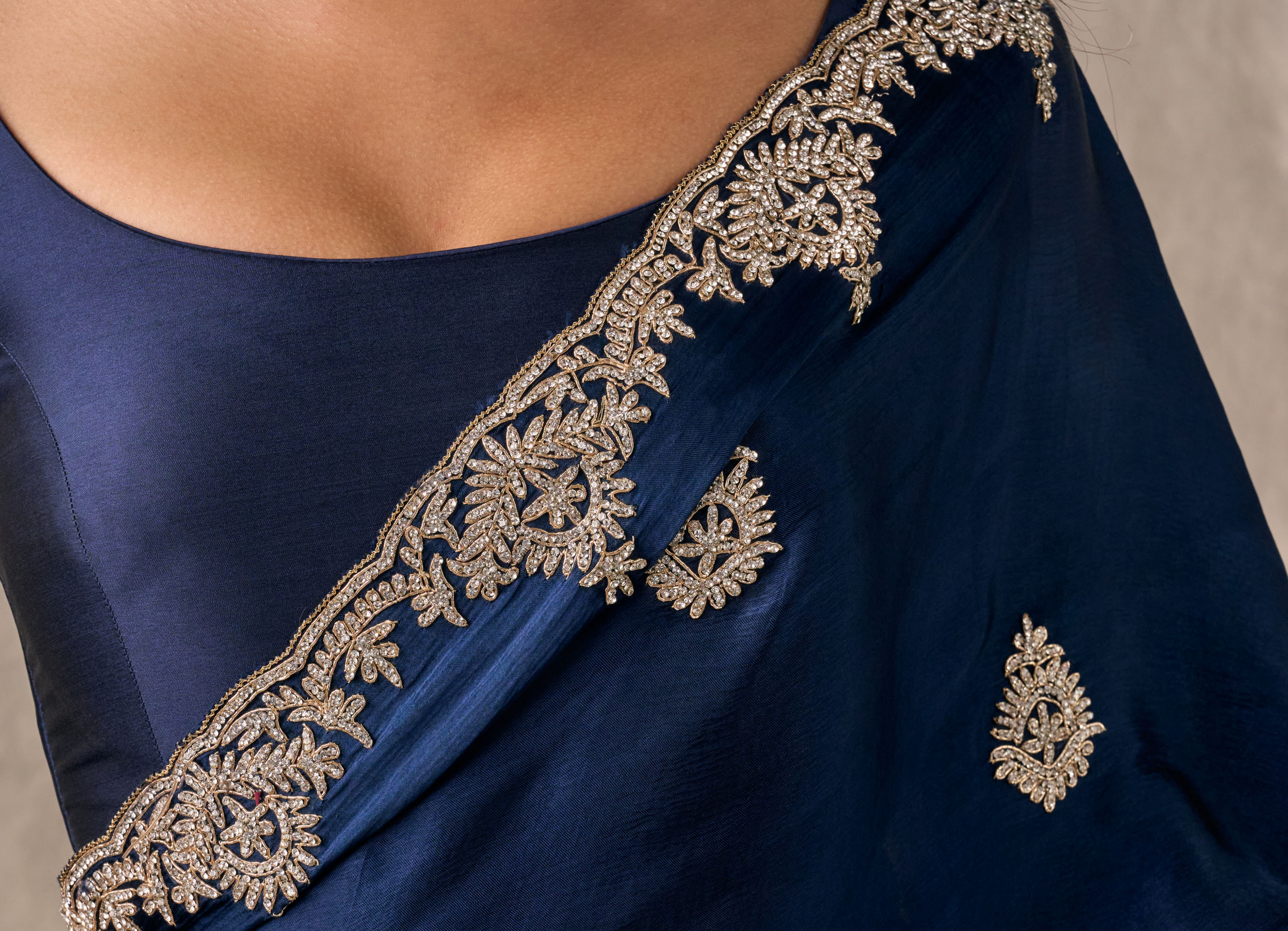 Twamev Women Indigo Blue Satin Elegance Saree