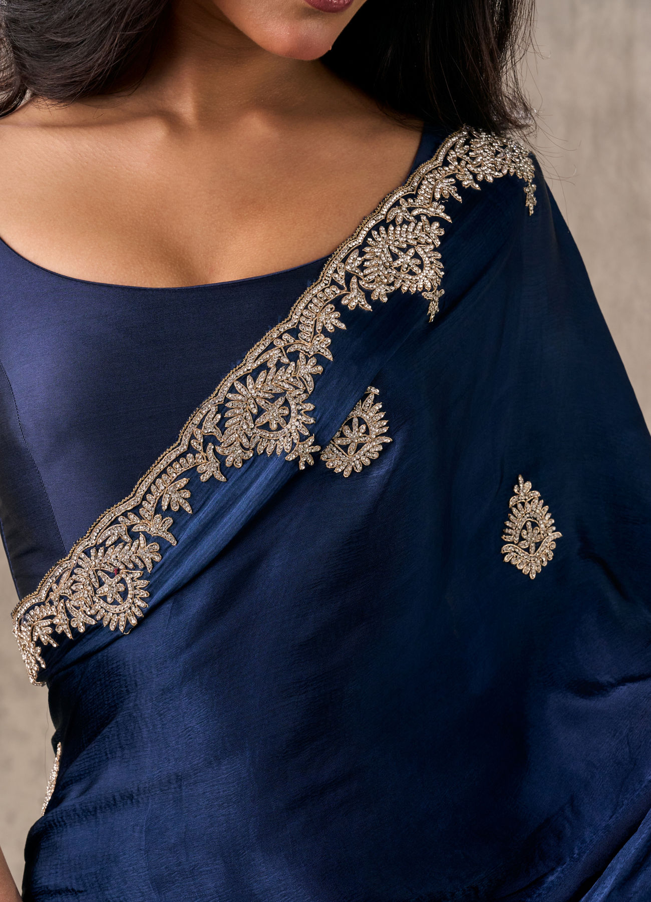 Twamev Women Indigo Blue Satin Elegance Saree